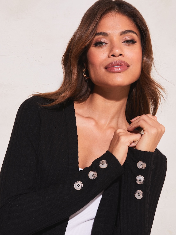 Schwarz - Lipsy Gerippte Strickjacke mit Zierknöpfen - Bild 4 von 4