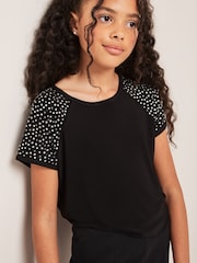 Lipsy Black Diamonte Sleeve T-Shirt - Image 1 of 4