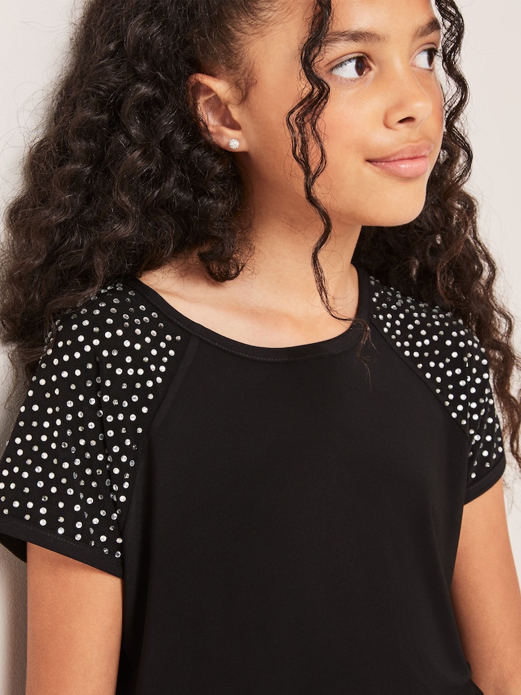 Lipsy Black Diamonte Sleeve T-Shirt - Image 4 of 4