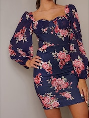 Chi Chi London Figurbetontes Kleid mit Ballonärmeln und Blumenprint - Bild 3 von 4