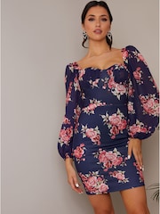 Chi Chi London Figurbetontes Kleid mit Ballonärmeln und Blumenprint - Bild 4 von 4