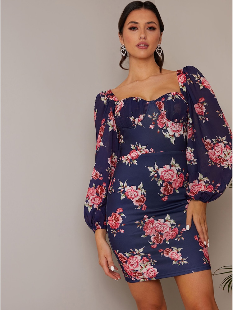 Chi Chi London Figurbetontes Kleid mit Ballonärmeln und Blumenprint - Bild 4 von 4