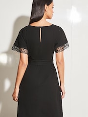 Lipsy Black Petite Short Sleeve Crochet Lace Trim Belted Mini Dress - Image 2 of 4