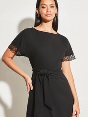 Lipsy Black Petite Short Sleeve Crochet Lace Trim Belted Mini Dress - Image 3 of 4