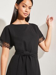 Lipsy Black Petite Short Sleeve Crochet Lace Trim Belted Mini Dress - Image 4 of 4