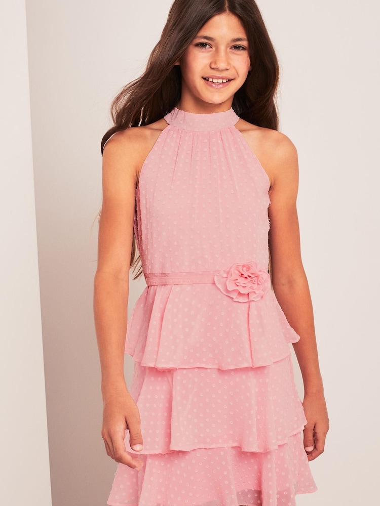 Lipsy Pink Corsage Pleated Halter Belted Dress - Image 1 of 4 Lipsy Pink Corsage Pleated Halter Belted Dress - Image 1 of 4