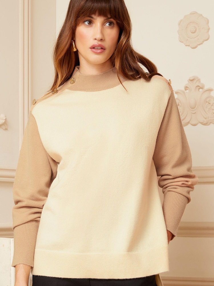 Love & Roses Brown High Neck Colour Block Button Shoulder Knitted Jumper - Image 1 of 4