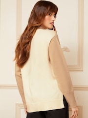 Love & Roses Brown High Neck Colour Block Button Shoulder Knitted Jumper - Image 3 of 4