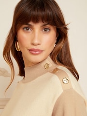 Love & Roses Brown High Neck Colour Block Button Shoulder Knitted Jumper - Image 4 of 4