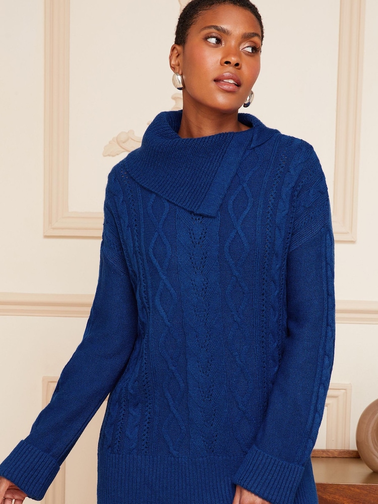 Love & Roses Cobalt Navy Blue Envelope Neck Cable Knit Jumper - Image 1 of 4