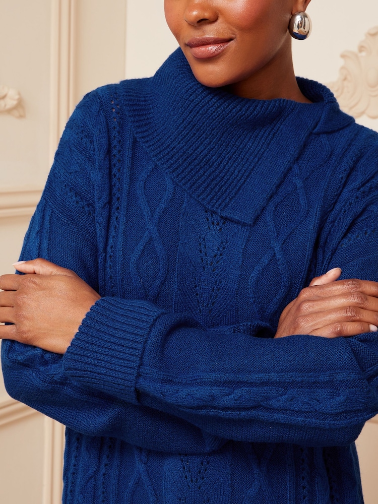Love & Roses Cobalt Navy Blue Envelope Neck Cable Knit Jumper - Image 4 of 4