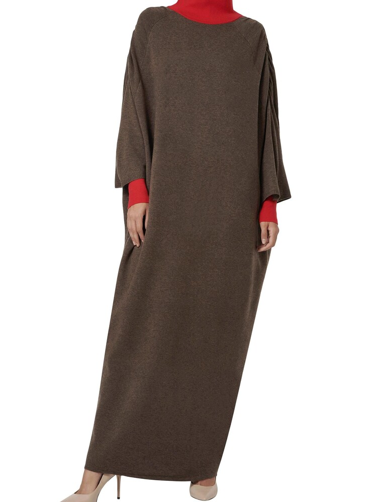 leem Brown Contrast Neck and Cuff Kaftan Maxi Dress - Image 1 of 5
