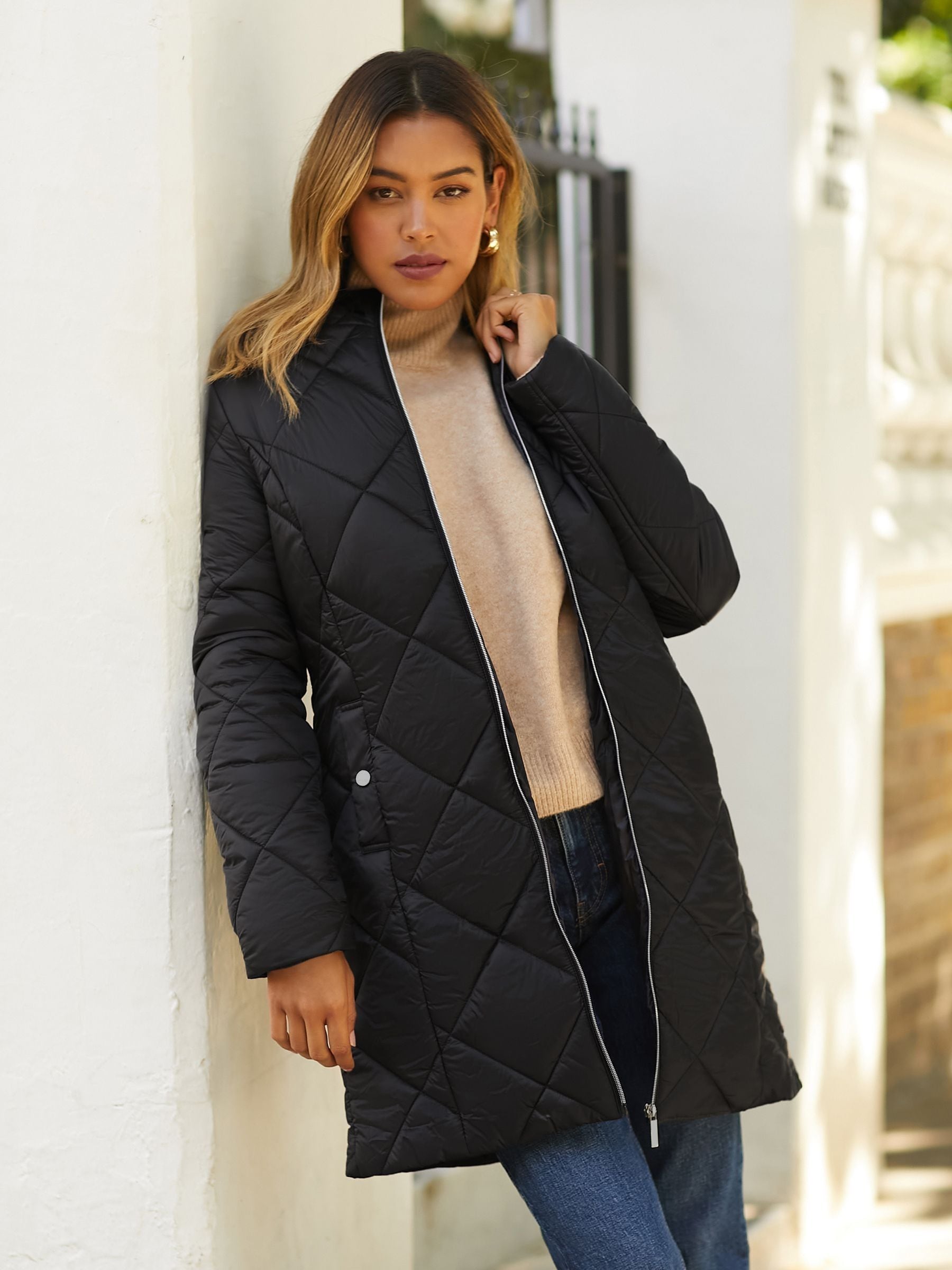 Friends Like These Black Longline Hooded Quilted Padded Coat