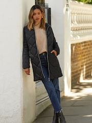 Friends Like These Black Longline Hooded Quilted Padded Coat - Image 2 of 4