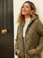 Friends Like These Khaki Green Longline Hooded Quilted Padded Coat - Image 3 of 4