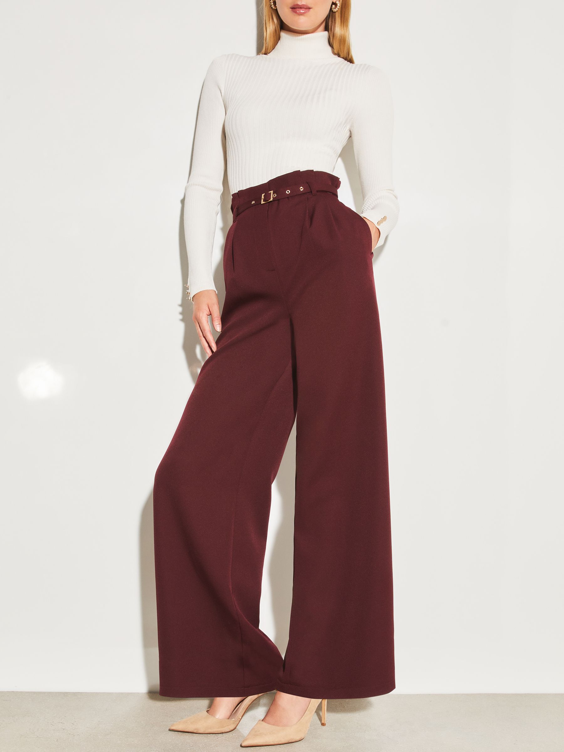 Buy Lipsy Wild Berry Red Petite Paperbag Wide Leg Belted Tailored Trousers from Next Luxembourg