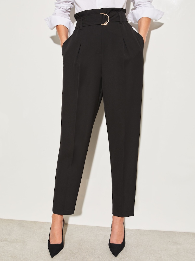 Lipsy Black Petite Paperbag Wide Leg Belted Tailored Trousers - Image 1 of 2