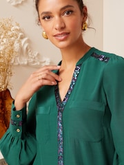 Love & Roses Green Sequin V Neck Long Sleeve Blouse - Image 2 of 4