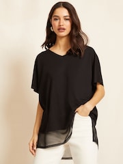 Friends Like These Black Petite Short Sleeve Chiffon Hem V Neck Tunic Top - Image 1 of 4
