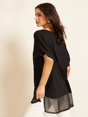 Friends Like These Black Petite Short Sleeve Chiffon Hem V Neck Tunic Top - Image 2 of 4