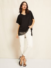 Friends Like These Black Petite Short Sleeve Chiffon Hem V Neck Tunic Top - Image 3 of 4
