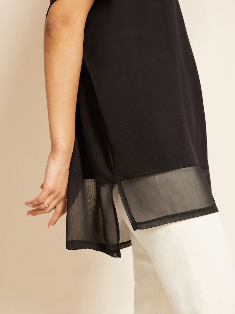 Friends Like These Black Petite Short Sleeve Chiffon Hem V Neck Tunic Top - Image 4 of 4