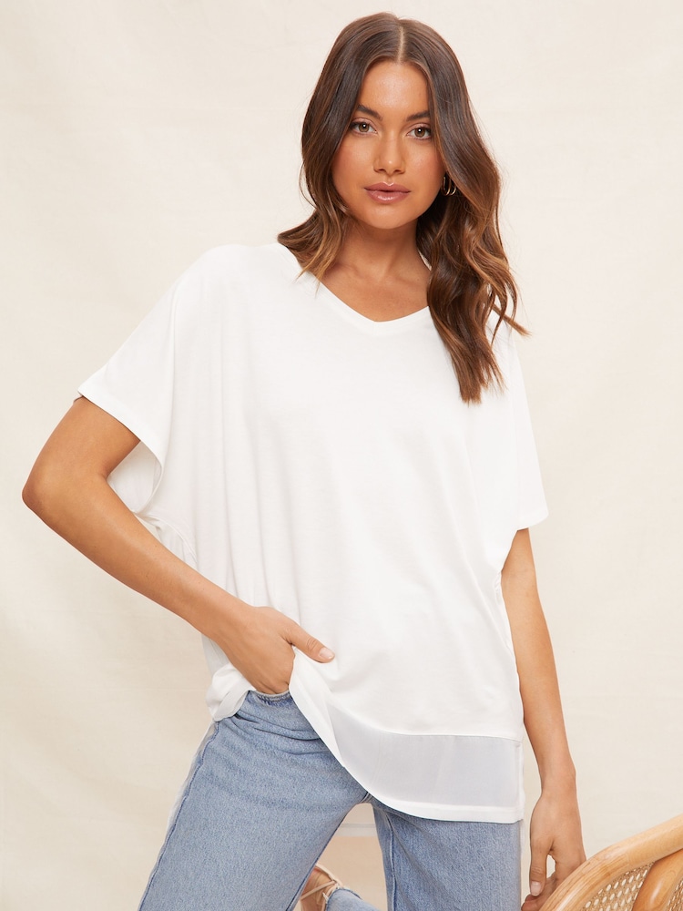 Friends Like These White Short Sleeve Chiffon Hem V Neck Tunic Top - Image 1 of 4 Friends Like These White Short Sleeve Chiffon Hem V Neck Tunic Top - Image 1 of 4