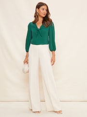 Groen - Friends Like These blouse met V-hals, 3/4-mouwen en strik aan de voorkant - Image 3 of 5