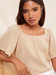 Friends Like These Camel Flutter Sleeve Square Neck Textured Blouse - Image 1 of 4
