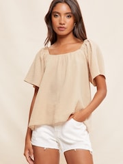 Friends Like These Camel Flutter Sleeve Square Neck Textured Blouse - Image 2 of 4