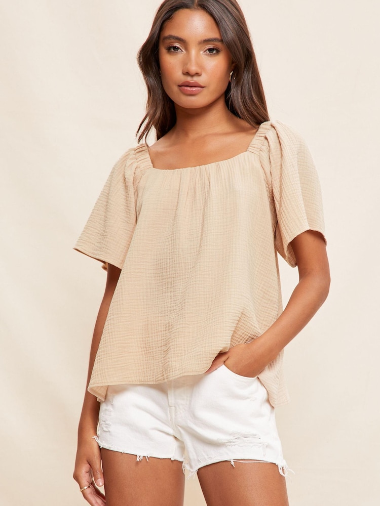 Friends Like These Camel Flutter Sleeve Square Neck Textured Blouse - Image 2 of 4
