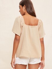 Friends Like These Camel Flutter Sleeve Square Neck Textured Blouse - Image 4 of 4