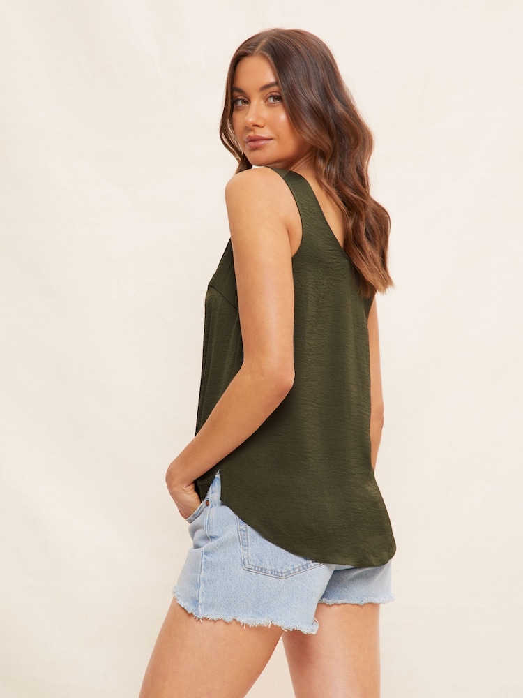 Friends Like These Khaki Green Satin Scoop Neck Shell Top - Image 4 of 4