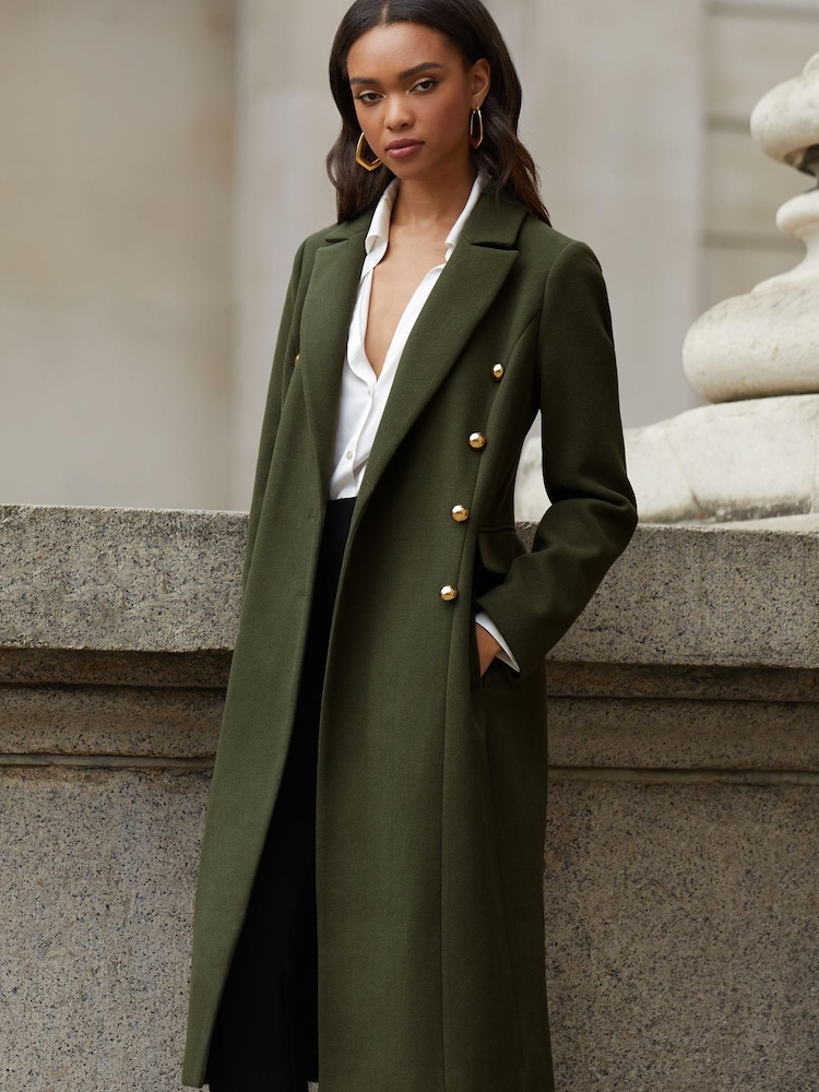 Lipsy Khaki Green Double Breasted Longline Trench City Coat - Image 1 of 4