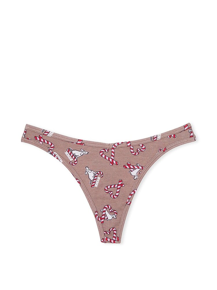 Victoria's Secret PINK Iced Coffee Brown Candy Cane Dog Rib Cotton Thong Knickers - Image 3 of 3