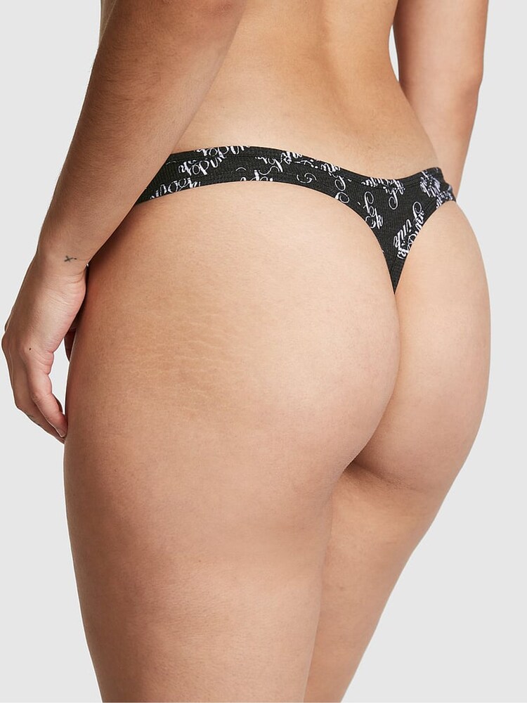 Victoria's Secret PINK Pure Black Script Print Rib Cotton Thong Knickers - Image 4 of 4