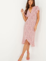 Quiz Pink Animal Print V Neck Midi Dress With Frill - Image 1 of 5
