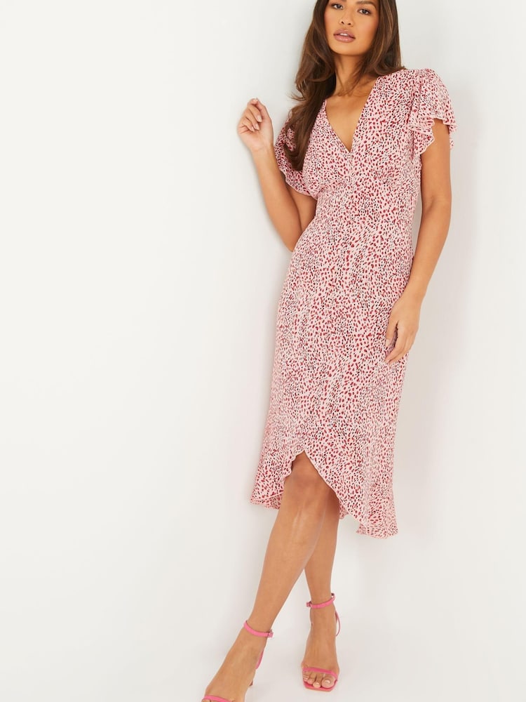 Quiz Pink Animal Print V Neck Midi Dress With Frill - Image 1 of 5
