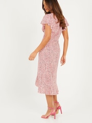Quiz Pink Animal Print V Neck Midi Dress With Frill - Image 3 of 5
