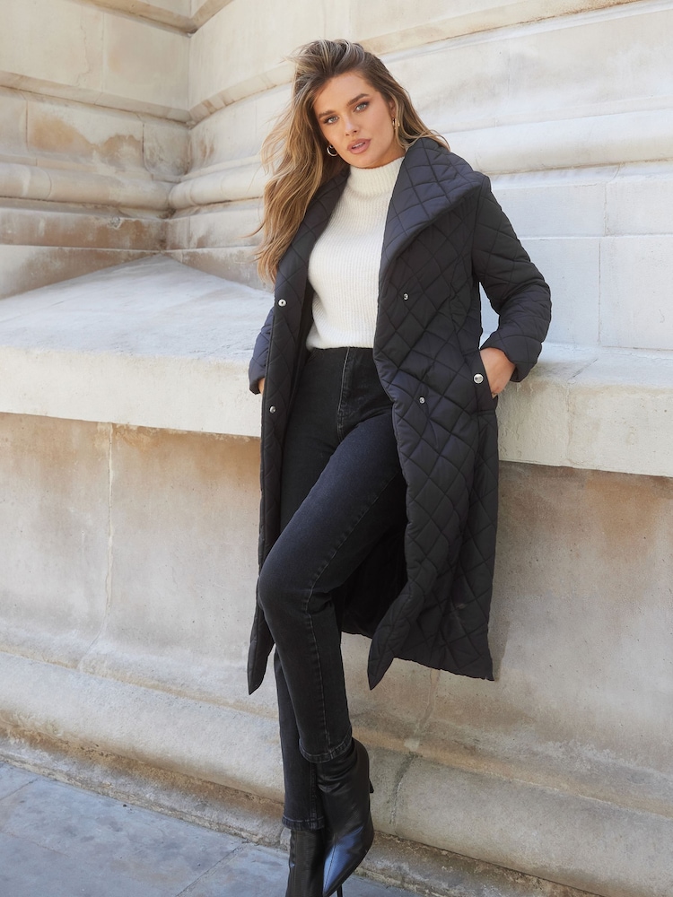 Lipsy Black Quilted Belted Wrap Padded Coat - Image 3 of 3