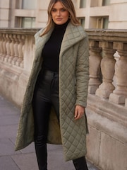 Lipsy Khaki Green Quilted Belted Wrap Padded Coat - Image 1 of 4