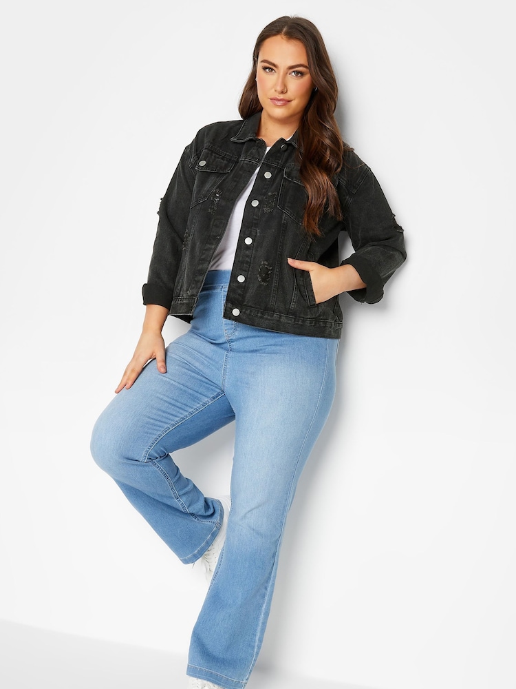 Yours Curve Black Distressed Western Denim Jacket - Image 1 of 5