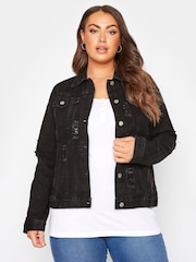 Yours Curve Black Distressed Western Denim Jacket - Image 3 of 5