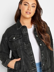 Yours Curve Black Distressed Western Denim Jacket - Image 4 of 5