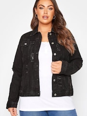 Yours Curve Black Distressed Western Denim Jacket - Image 5 of 5