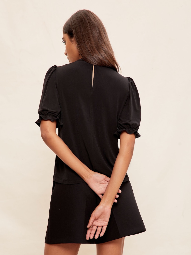 Friends Like These Black Lace Yoke High Neck Short Puff Sleeve Blouse - Image 4 of 4 Friends Like These Black Lace Yoke High Neck Short Puff Sleeve Blouse - Image 4 of 4