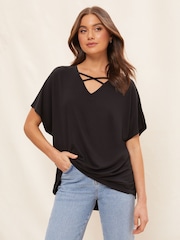 Friends Like These Black Criss Cross Petite Short Sleeve V Neck Tunic Top - Image 3 of 4