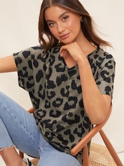Friends Like These Khaki Green Leopard Animal Petite Short Sleeve V Neck Tunic Top - Image 1 of 4