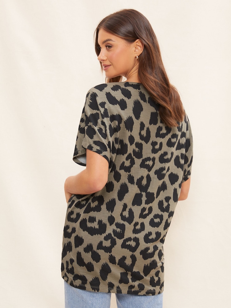Friends Like These Khaki Green Leopard Animal Petite Short Sleeve V Neck Tunic Top - Image 2 of 4