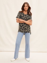 Friends Like These Khaki Green Leopard Animal Petite Short Sleeve V Neck Tunic Top - Image 3 of 4